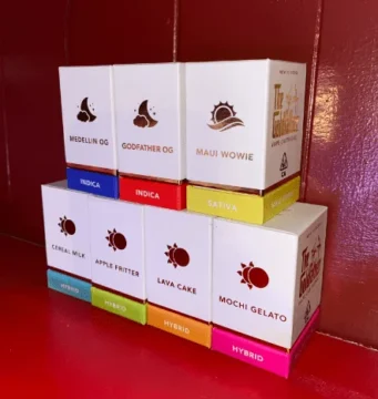 Goldfather carts boxes showing indica, sativa and hybrid class bands