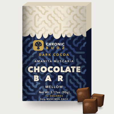 Chronic Budz Amanita Muscaria Chocolate Bar packaging, front, with chocolate squares