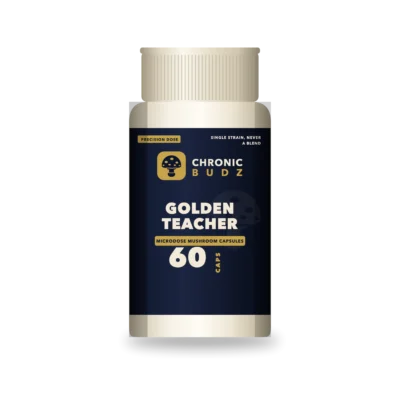 Golden teacher capsules bottle with measured microdose caps