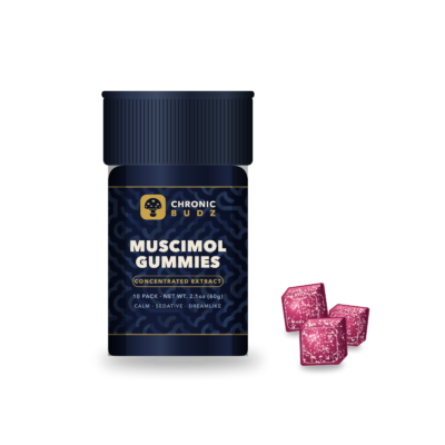 Chronic Budz Muscimol Gummies jar with berry gummies in front