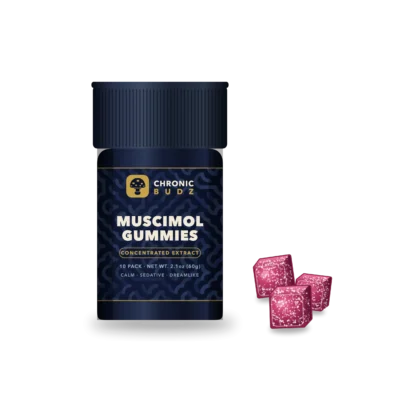 Muscimol gummies jar with berry gummies in front