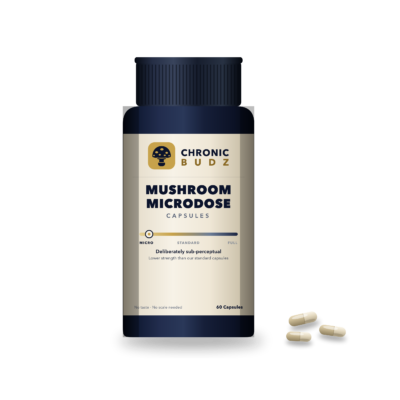 Chronic Budz Mushroom Microdose Capsules navy bottle with capsules in front