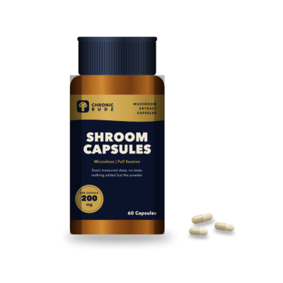 Chronic Budz Shroom Capsules amber bottle with capsules in front
